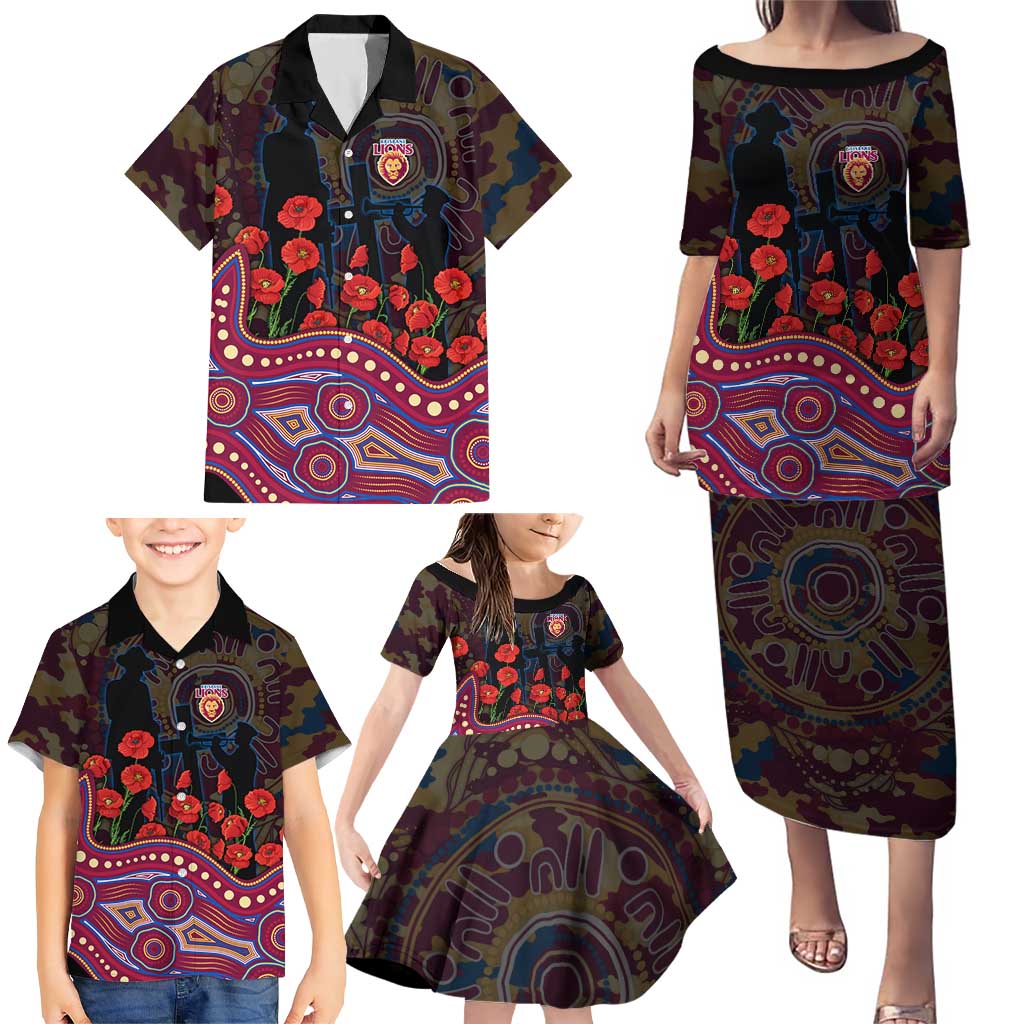 Brisbane Lions ANZAC Day Family Matching Puletasi and Hawaiian Shirt Indigenous Dot Art with Poppy Flower Tribute