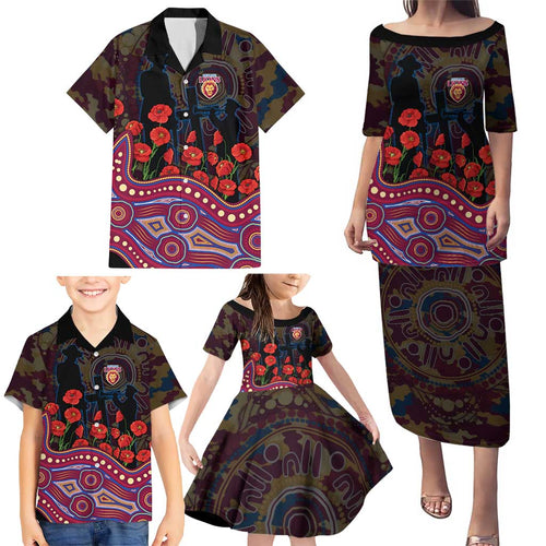 Brisbane Lions ANZAC Day Family Matching Puletasi and Hawaiian Shirt Indigenous Dot Art with Poppy Flower Tribute
