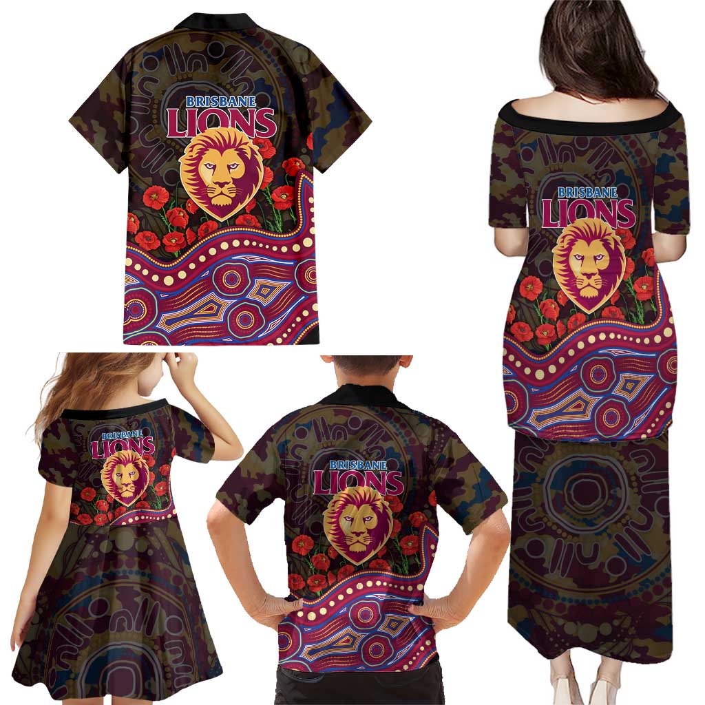 Brisbane Lions ANZAC Day Family Matching Puletasi and Hawaiian Shirt Indigenous Dot Art with Poppy Flower Tribute