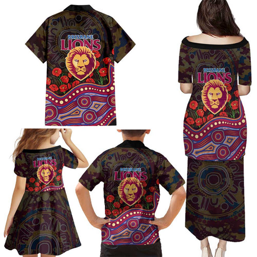 Brisbane Lions ANZAC Day Family Matching Puletasi and Hawaiian Shirt Indigenous Dot Art with Poppy Flower Tribute