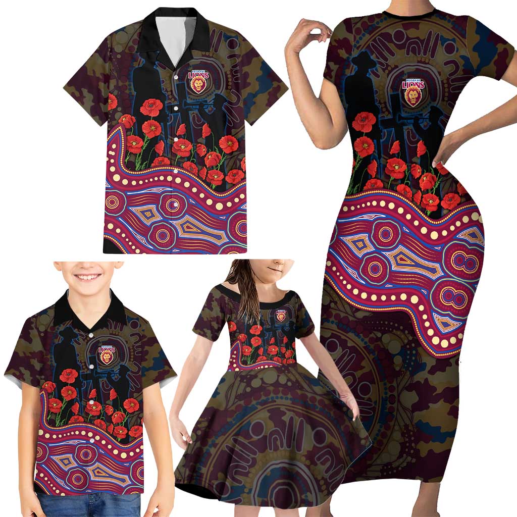 Brisbane Lions ANZAC Day Family Matching Short Sleeve Bodycon Dress and Hawaiian Shirt Indigenous Dot Art with Poppy Flower Tribute