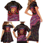 Brisbane Lions ANZAC Day Family Matching Short Sleeve Bodycon Dress and Hawaiian Shirt Indigenous Dot Art with Poppy Flower Tribute