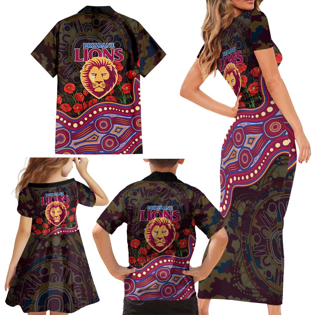Brisbane Lions ANZAC Day Family Matching Short Sleeve Bodycon Dress and Hawaiian Shirt Indigenous Dot Art with Poppy Flower Tribute