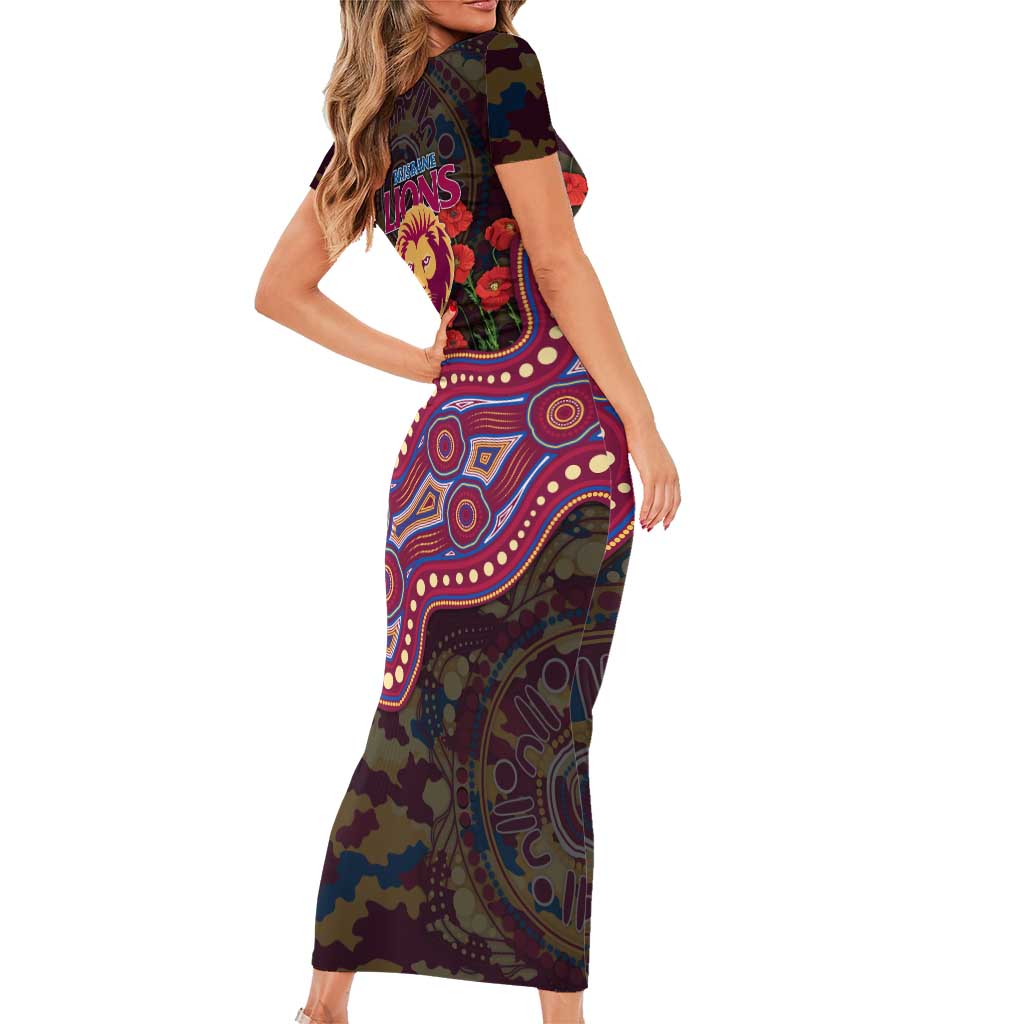 Brisbane Lions ANZAC Day Family Matching Short Sleeve Bodycon Dress and Hawaiian Shirt Indigenous Dot Art with Poppy Flower Tribute