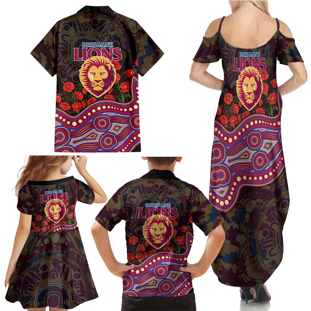 Brisbane Lions ANZAC Day Family Matching Summer Maxi Dress and Hawaiian Shirt Indigenous Dot Art with Poppy Flower Tribute