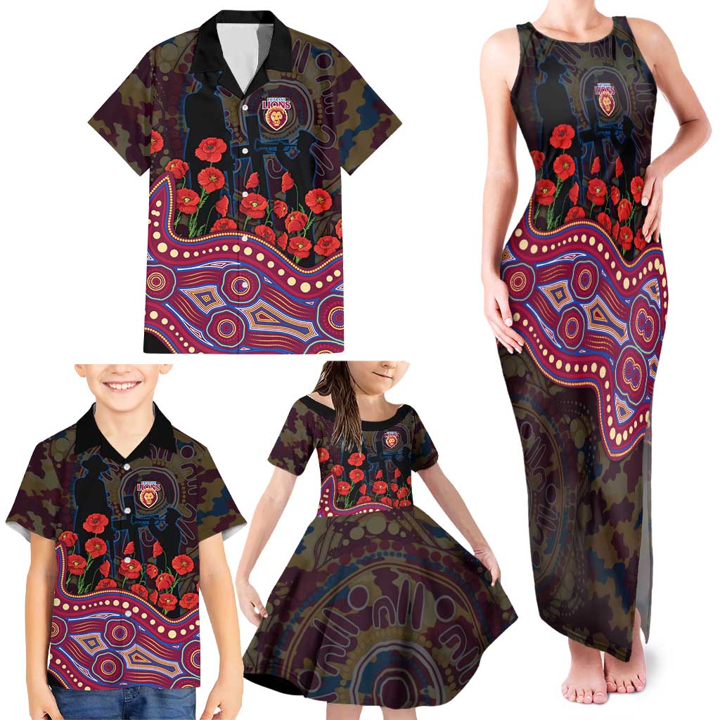 Brisbane Lions ANZAC Day Family Matching Tank Maxi Dress and Hawaiian Shirt Indigenous Dot Art with Poppy Flower Tribute