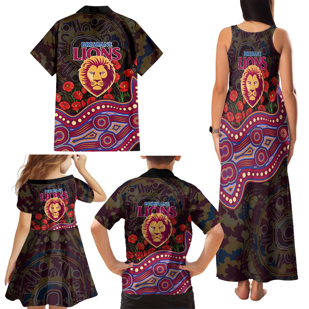 Brisbane Lions ANZAC Day Family Matching Tank Maxi Dress and Hawaiian Shirt Indigenous Dot Art with Poppy Flower Tribute