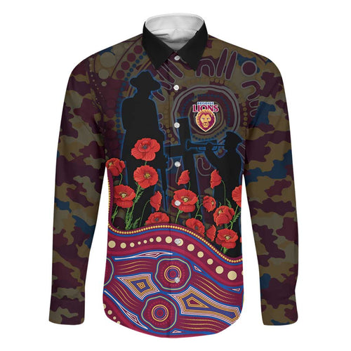 Brisbane Lions ANZAC Day Family Matching Tank Maxi Dress and Hawaiian Shirt Indigenous Dot Art with Poppy Flower Tribute