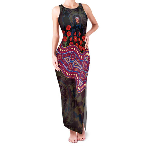Brisbane Lions ANZAC Day Family Matching Tank Maxi Dress and Hawaiian Shirt Indigenous Dot Art with Poppy Flower Tribute