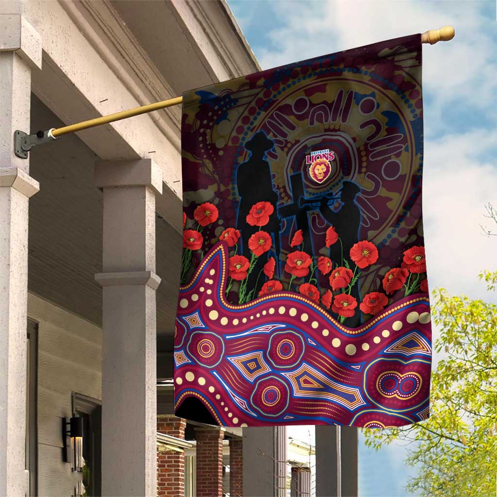 Brisbane Lions ANZAC Day Garden Flag Indigenous Dot Art with Poppy Flower Tribute