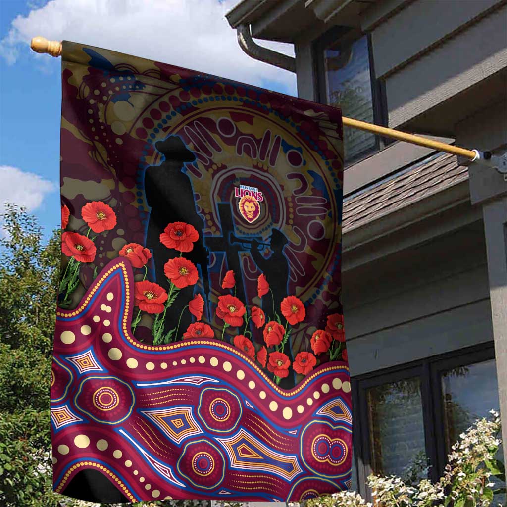 Brisbane Lions ANZAC Day Garden Flag Indigenous Dot Art with Poppy Flower Tribute