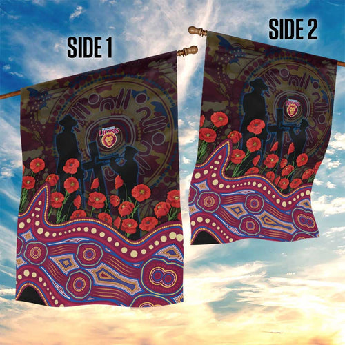 Brisbane Lions ANZAC Day Garden Flag Indigenous Dot Art with Poppy Flower Tribute