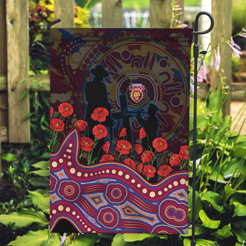 Brisbane Lions ANZAC Day Garden Flag Indigenous Dot Art with Poppy Flower Tribute