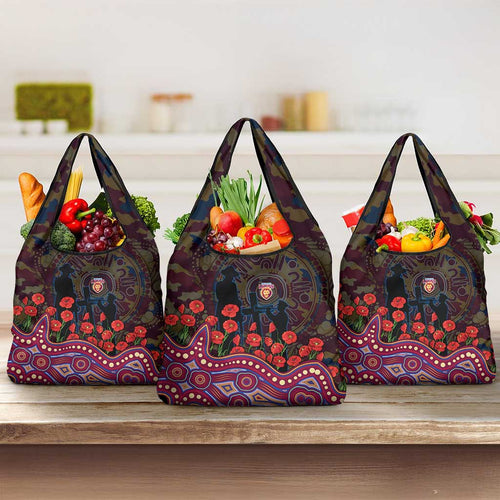 Brisbane Lions ANZAC Day Grocery Bag Indigenous Dot Art with Poppy Flower Tribute