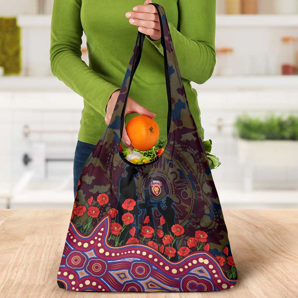 Brisbane Lions ANZAC Day Grocery Bag Indigenous Dot Art with Poppy Flower Tribute