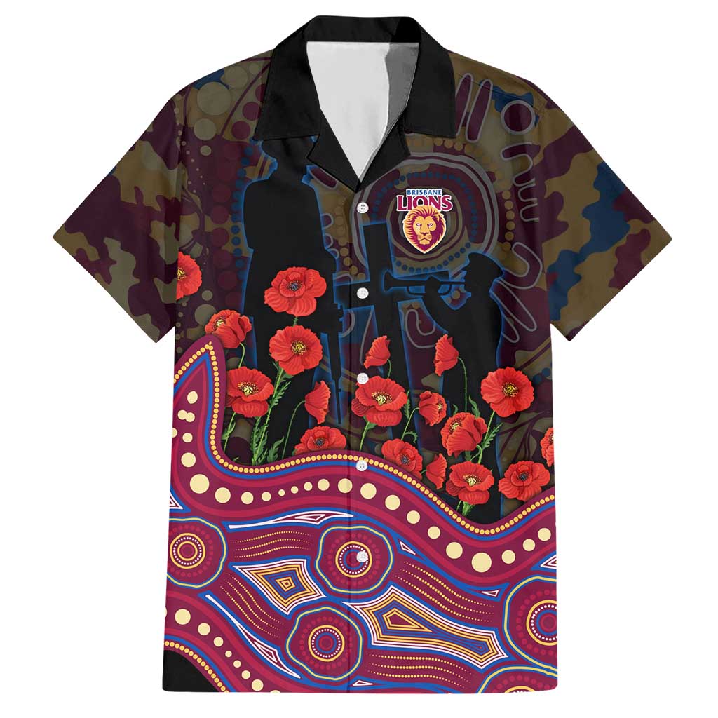 Brisbane Lions ANZAC Day Hawaiian Shirt Indigenous Dot Art with Poppy Flower Tribute