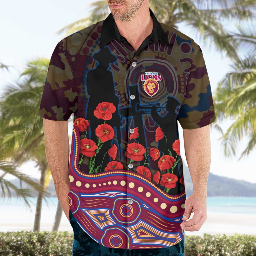 Brisbane Lions ANZAC Day Hawaiian Shirt Indigenous Dot Art with Poppy Flower Tribute