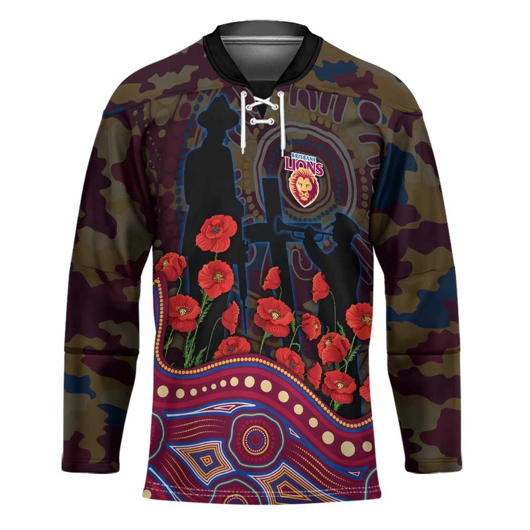 Brisbane Lions ANZAC Day Hockey Jersey Indigenous Dot Art with Poppy Flower Tribute