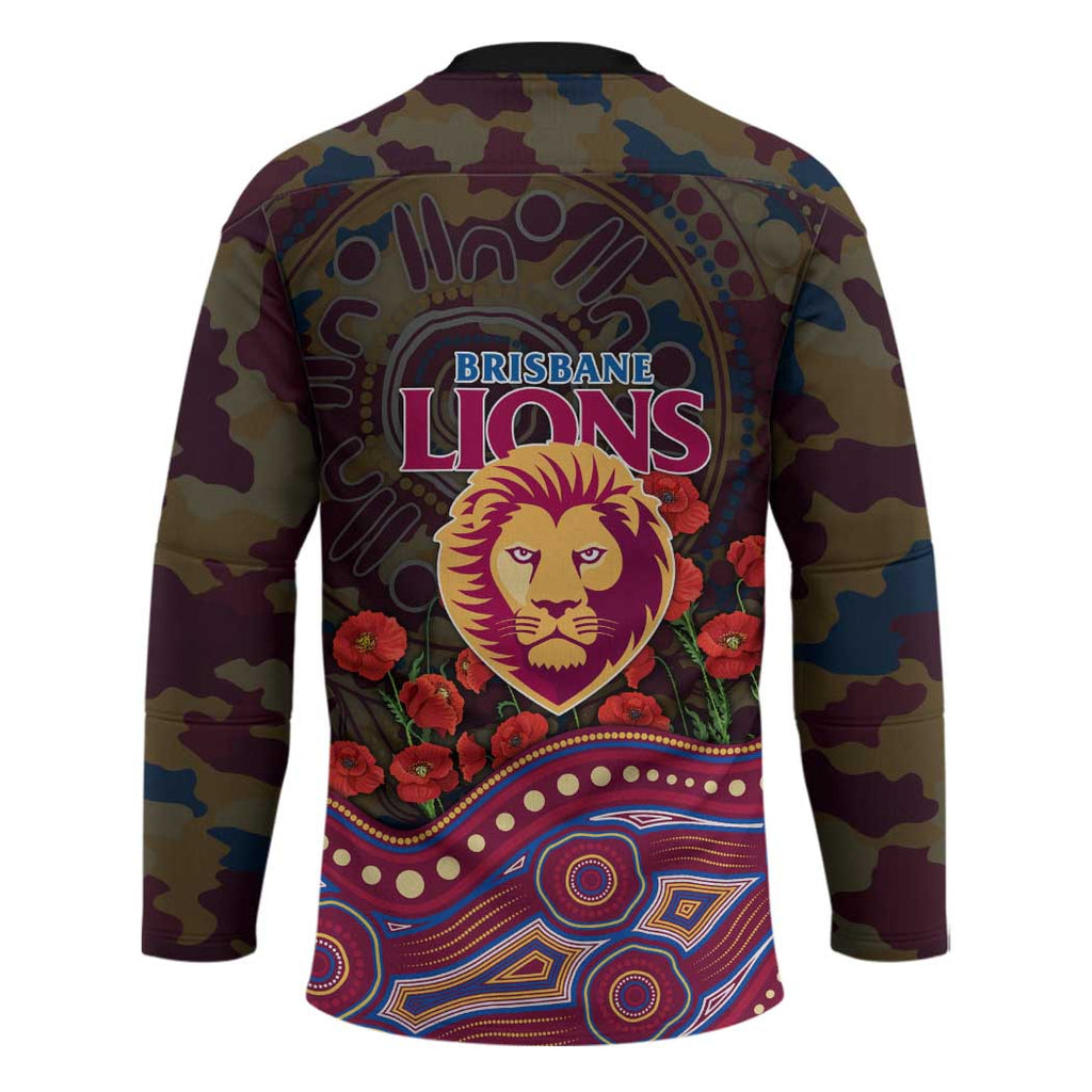 Brisbane Lions ANZAC Day Hockey Jersey Indigenous Dot Art with Poppy Flower Tribute