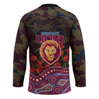 Brisbane Lions ANZAC Day Hockey Jersey Indigenous Dot Art with Poppy Flower Tribute