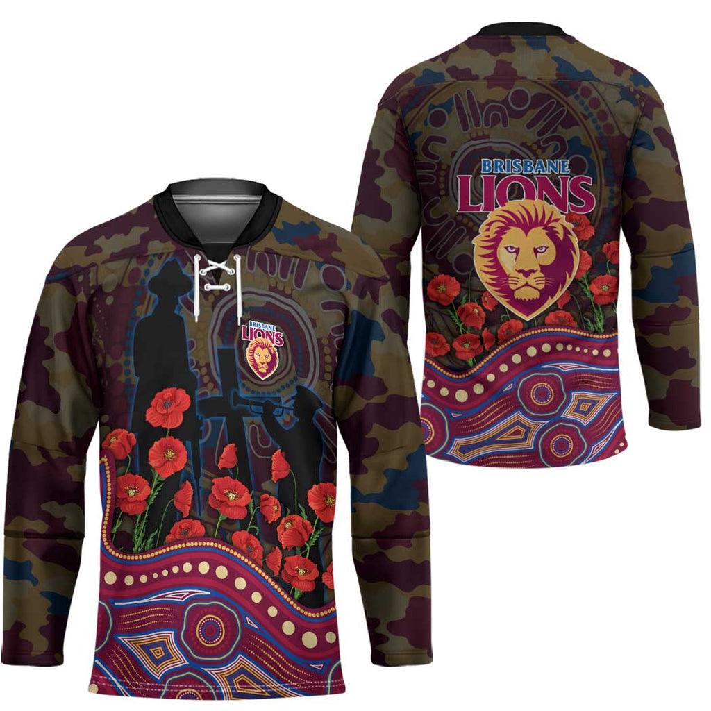 Brisbane Lions ANZAC Day Hockey Jersey Indigenous Dot Art with Poppy Flower Tribute
