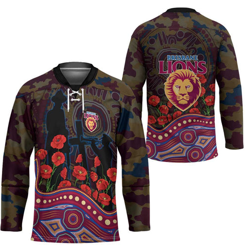 Brisbane Lions ANZAC Day Hockey Jersey Indigenous Dot Art with Poppy Flower Tribute