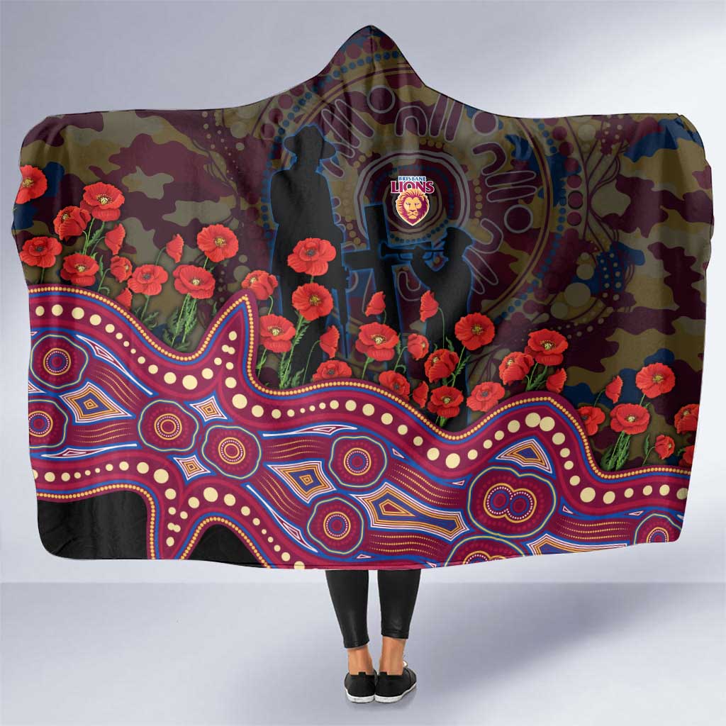 Brisbane Lions ANZAC Day Hooded Blanket Indigenous Dot Art with Poppy Flower Tribute