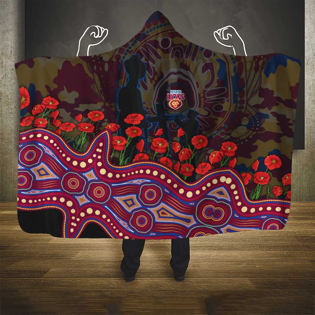 Brisbane Lions ANZAC Day Hooded Blanket Indigenous Dot Art with Poppy Flower Tribute