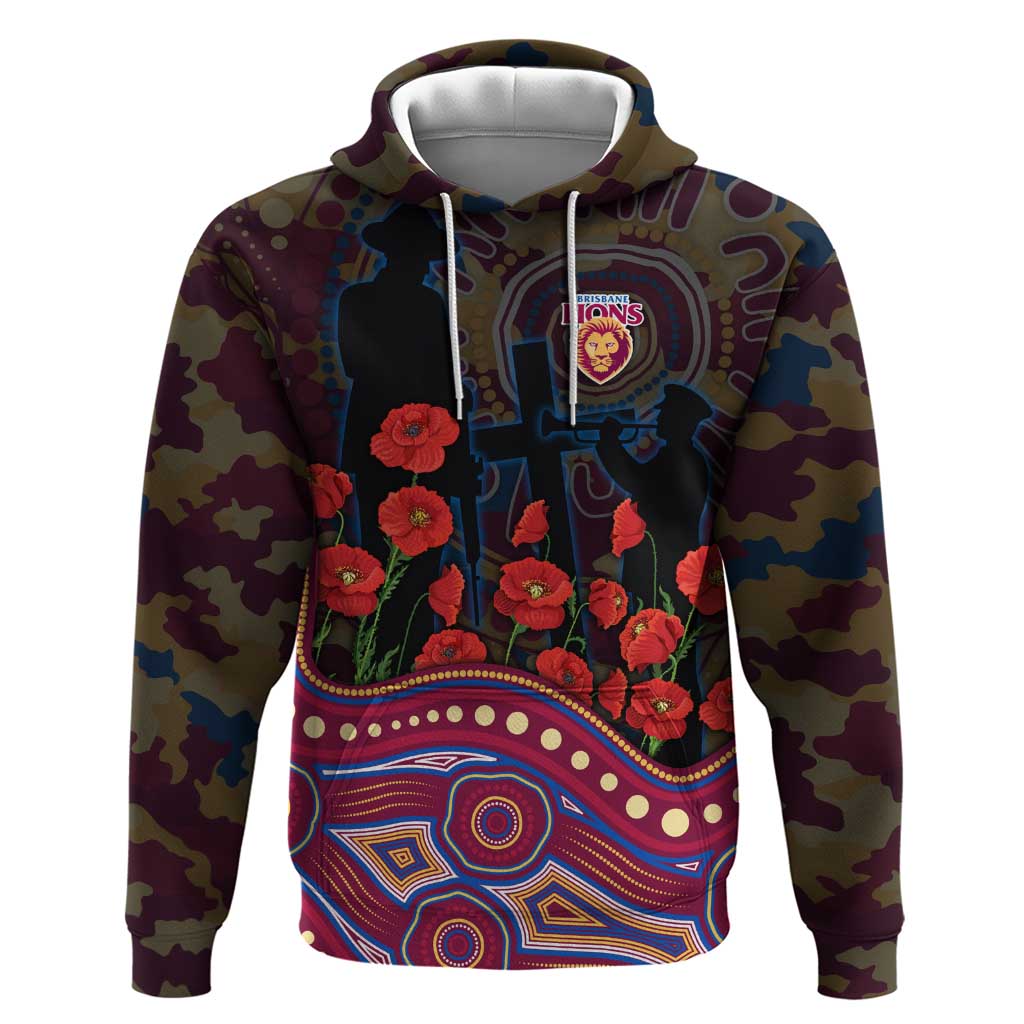Brisbane Lions ANZAC Day Hoodie Indigenous Dot Art with Poppy Flower Tribute