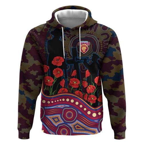 Brisbane Lions ANZAC Day Hoodie Indigenous Dot Art with Poppy Flower Tribute