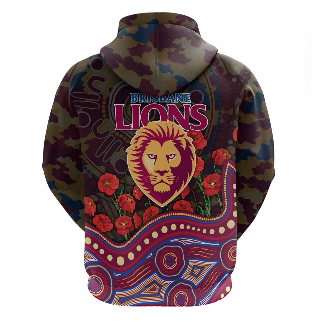 Brisbane Lions ANZAC Day Hoodie Indigenous Dot Art with Poppy Flower Tribute