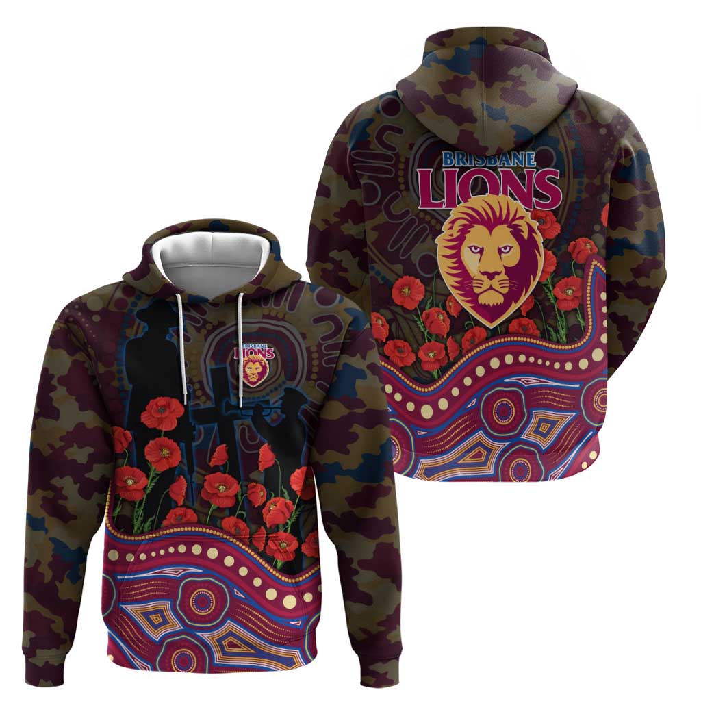 Brisbane Lions ANZAC Day Hoodie Indigenous Dot Art with Poppy Flower Tribute
