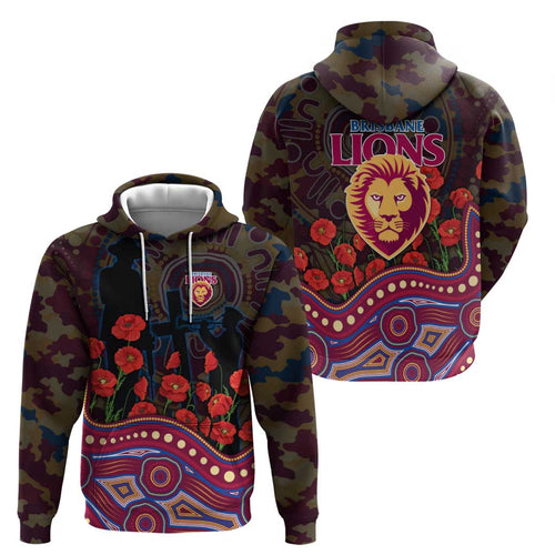 Brisbane Lions ANZAC Day Hoodie Indigenous Dot Art with Poppy Flower Tribute