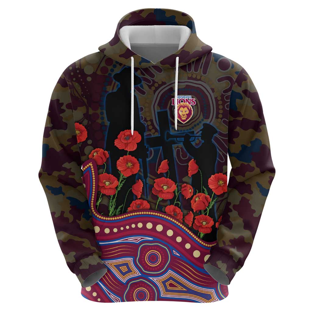 Brisbane Lions ANZAC Day Hoodie Indigenous Dot Art with Poppy Flower Tribute
