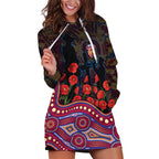 Brisbane Lions ANZAC Day Hoodie Dress Indigenous Dot Art with Poppy Flower Tribute