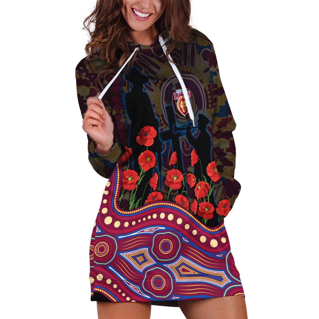 Brisbane Lions ANZAC Day Hoodie Dress Indigenous Dot Art with Poppy Flower Tribute
