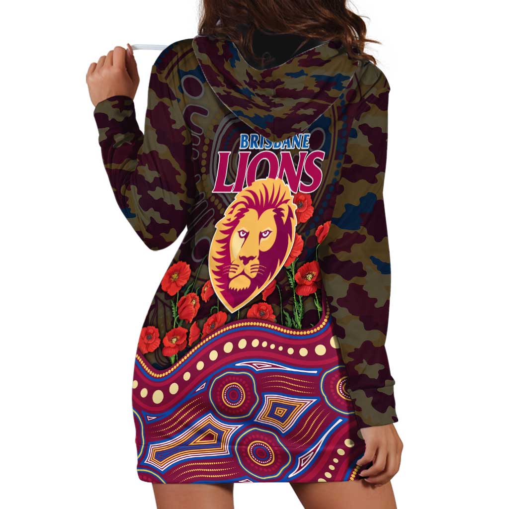 Brisbane Lions ANZAC Day Hoodie Dress Indigenous Dot Art with Poppy Flower Tribute