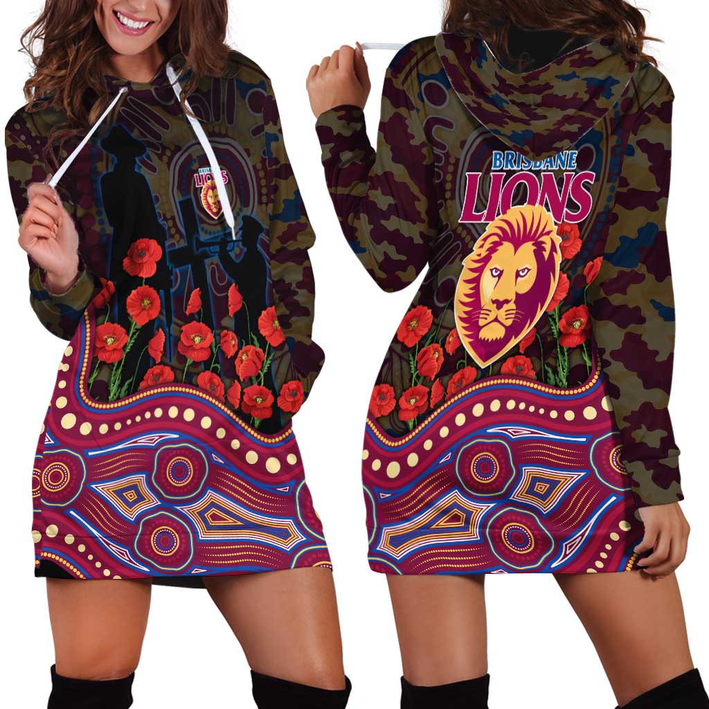 Brisbane Lions ANZAC Day Hoodie Dress Indigenous Dot Art with Poppy Flower Tribute