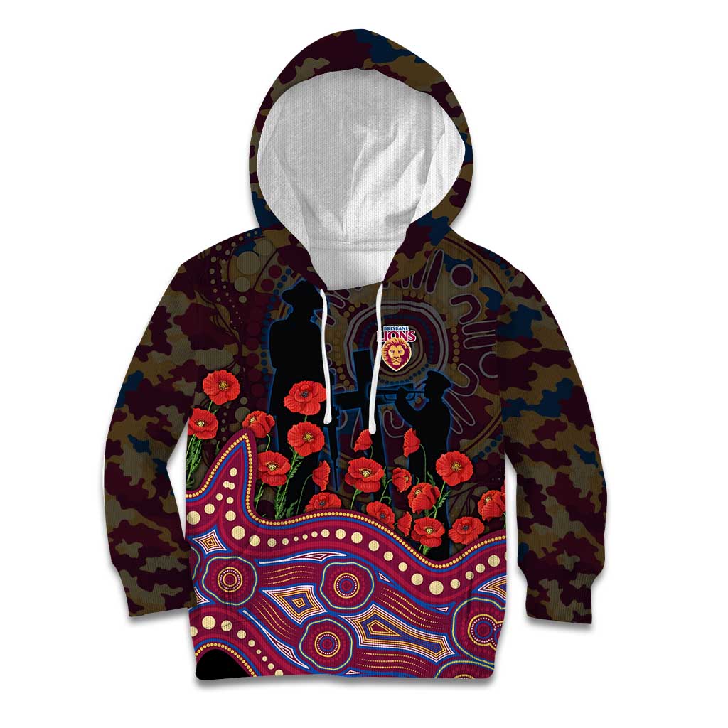 Brisbane Lions ANZAC Day Kid Hoodie Indigenous Dot Art with Poppy Flower Tribute