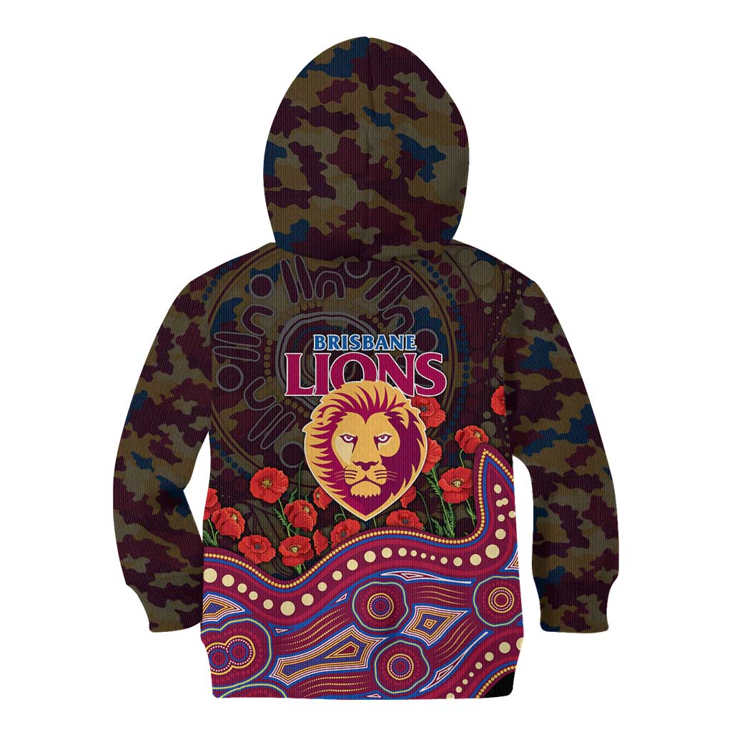 Brisbane Lions ANZAC Day Kid Hoodie Indigenous Dot Art with Poppy Flower Tribute