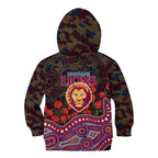 Brisbane Lions ANZAC Day Kid Hoodie Indigenous Dot Art with Poppy Flower Tribute