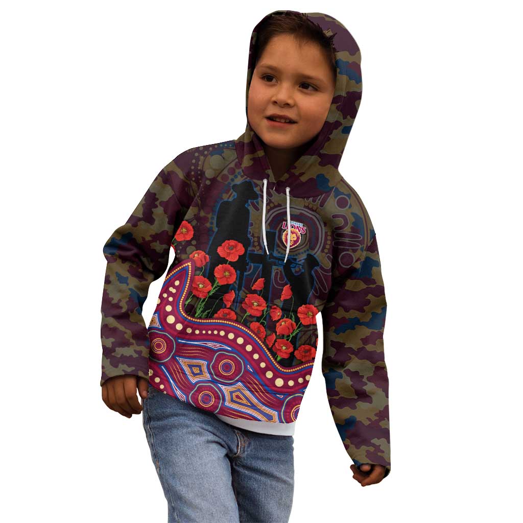 Brisbane Lions ANZAC Day Kid Hoodie Indigenous Dot Art with Poppy Flower Tribute