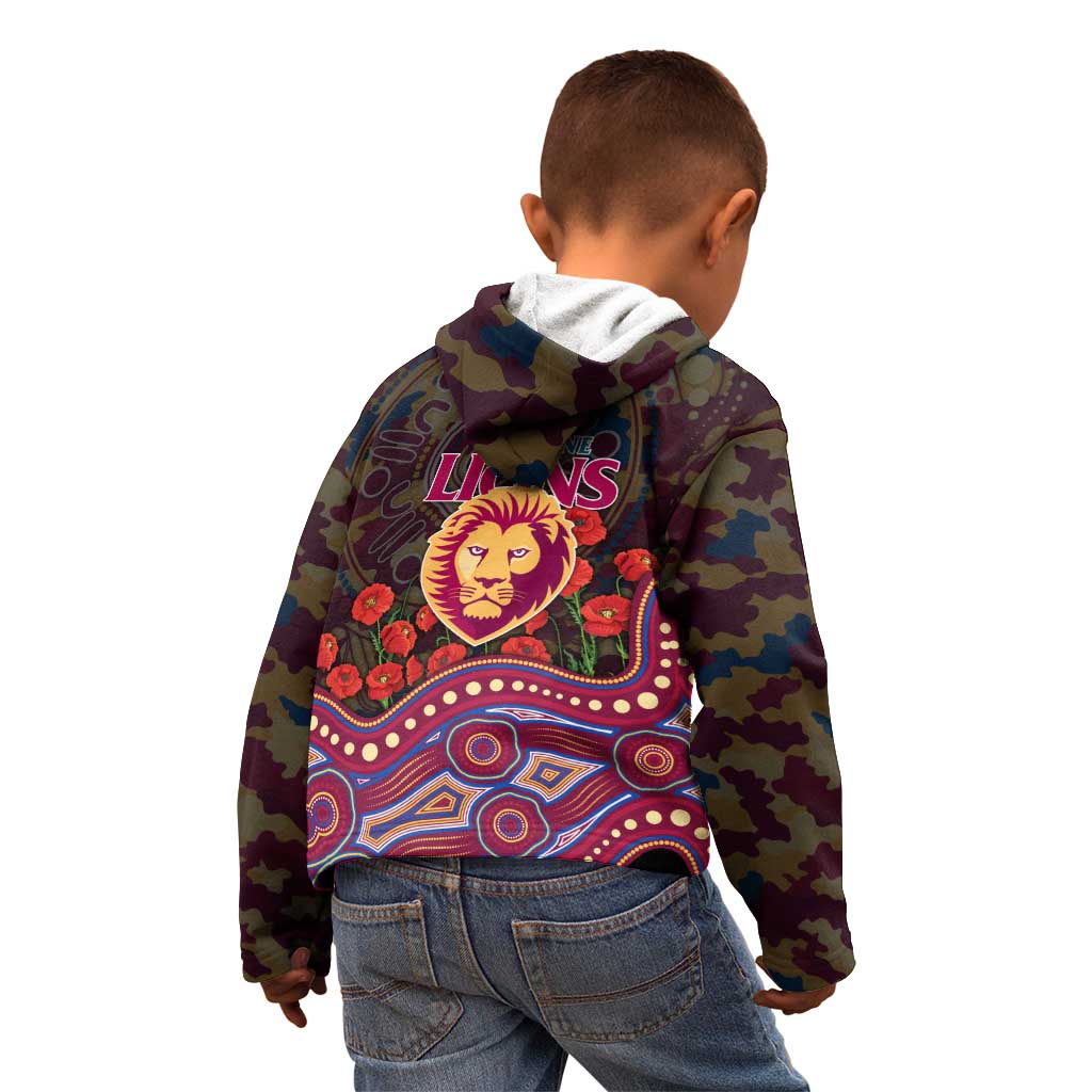 Brisbane Lions ANZAC Day Kid Hoodie Indigenous Dot Art with Poppy Flower Tribute