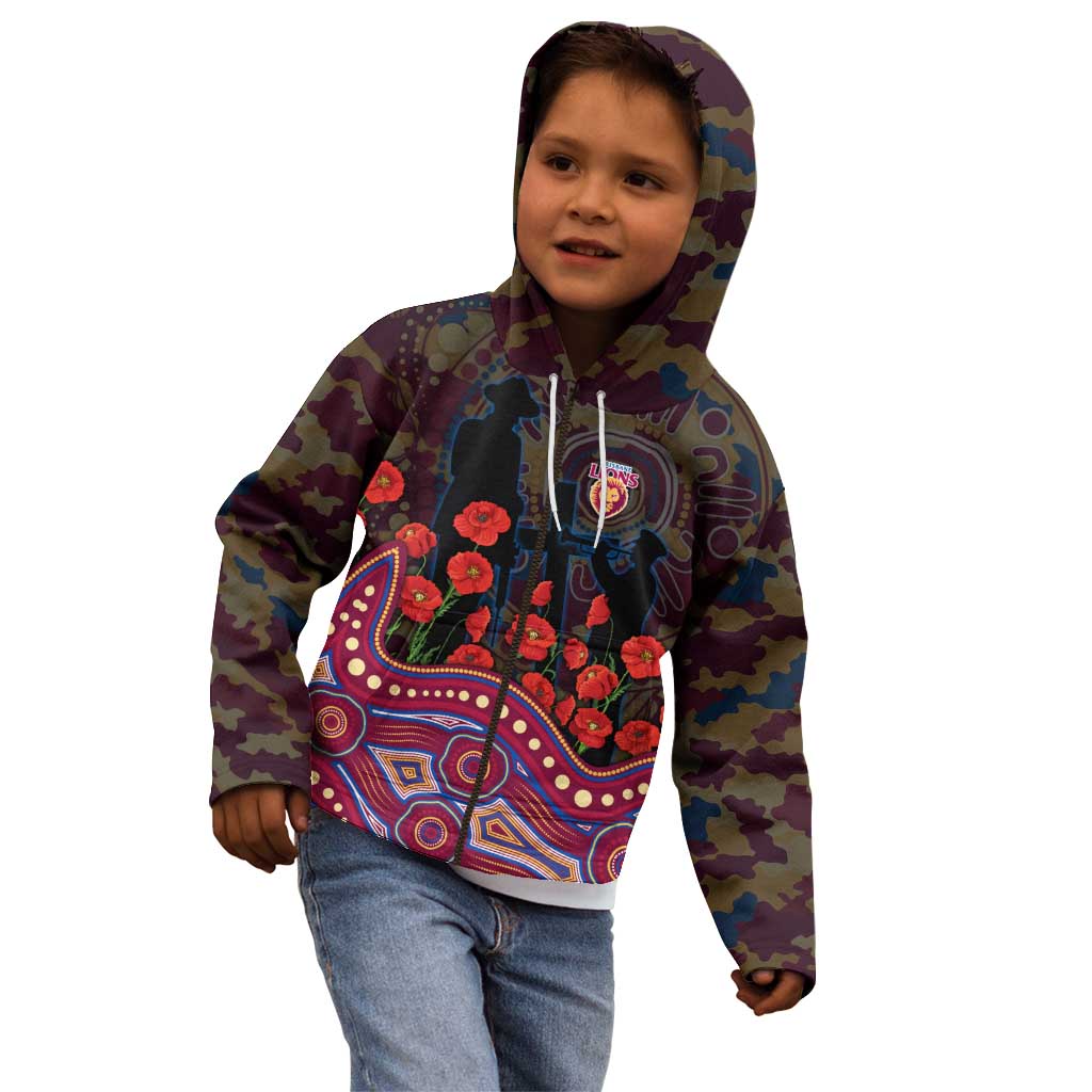 Brisbane Lions ANZAC Day Kid Hoodie Indigenous Dot Art with Poppy Flower Tribute