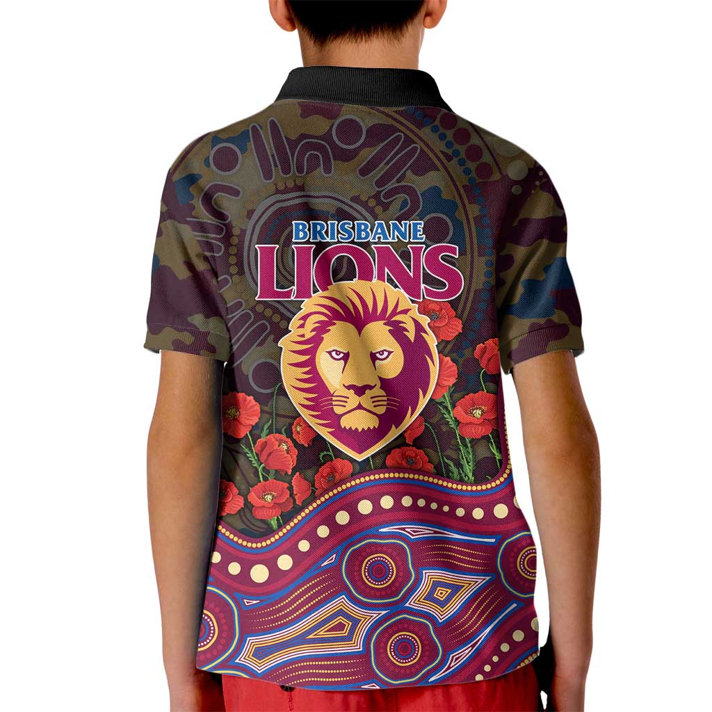Brisbane Lions ANZAC Day Kid Polo Shirt Indigenous Dot Art with Poppy Flower Tribute