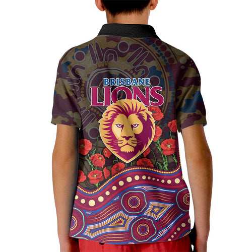 Brisbane Lions ANZAC Day Kid Polo Shirt Indigenous Dot Art with Poppy Flower Tribute