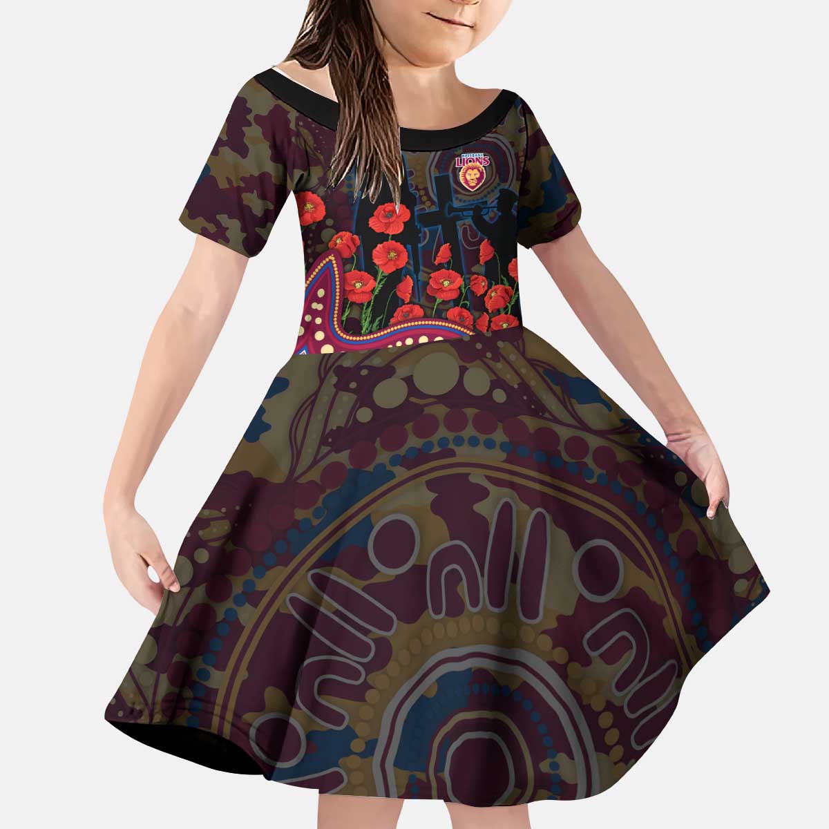 Brisbane Lions ANZAC Day Kid Short Sleeve Dress Indigenous Dot Art with Poppy Flower Tribute