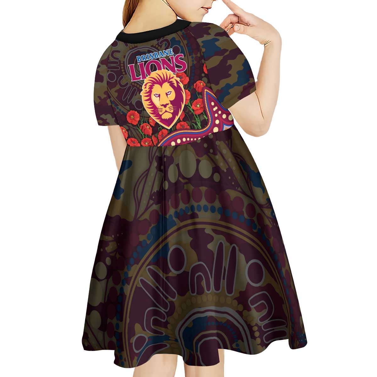 Brisbane Lions ANZAC Day Kid Short Sleeve Dress Indigenous Dot Art with Poppy Flower Tribute