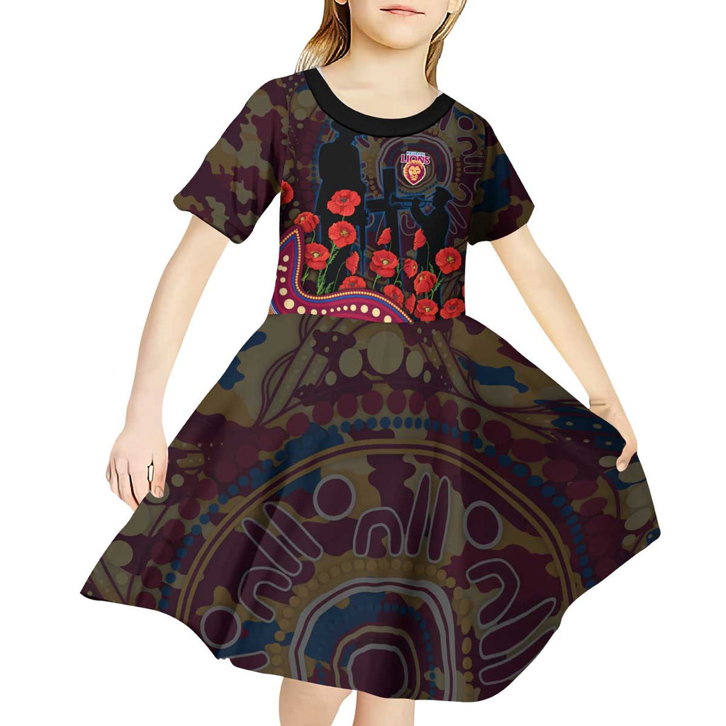 Brisbane Lions ANZAC Day Kid Short Sleeve Dress Indigenous Dot Art with Poppy Flower Tribute