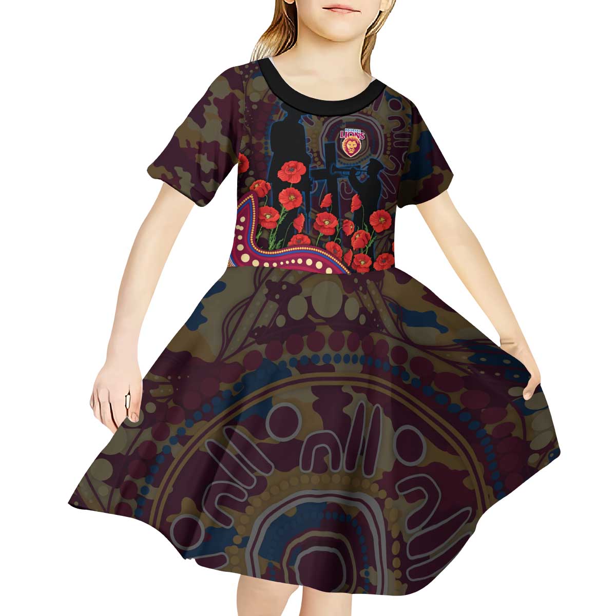 Brisbane Lions ANZAC Day Kid Short Sleeve Dress Indigenous Dot Art with Poppy Flower Tribute